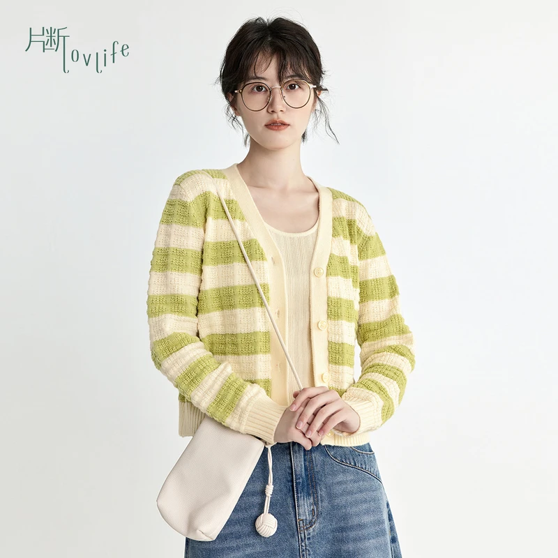 片断毛针织衫女2025春季新款条纹V领小清新气质通勤百搭开衫上衣