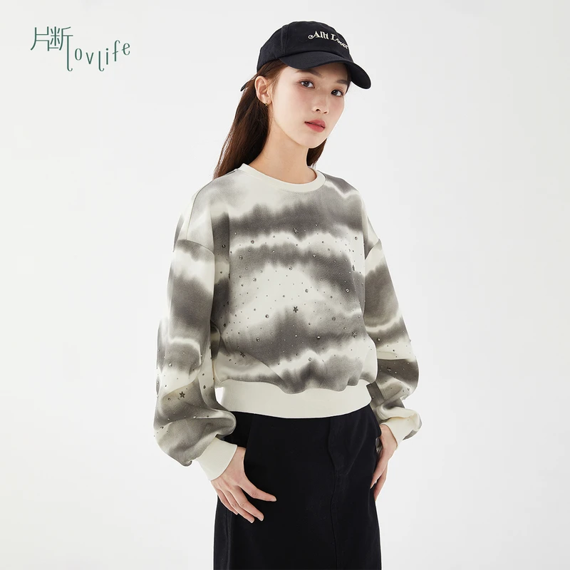 片断卫衣女2024春季新款美式复古扎染设计小众慵懒休闲小个子上衣