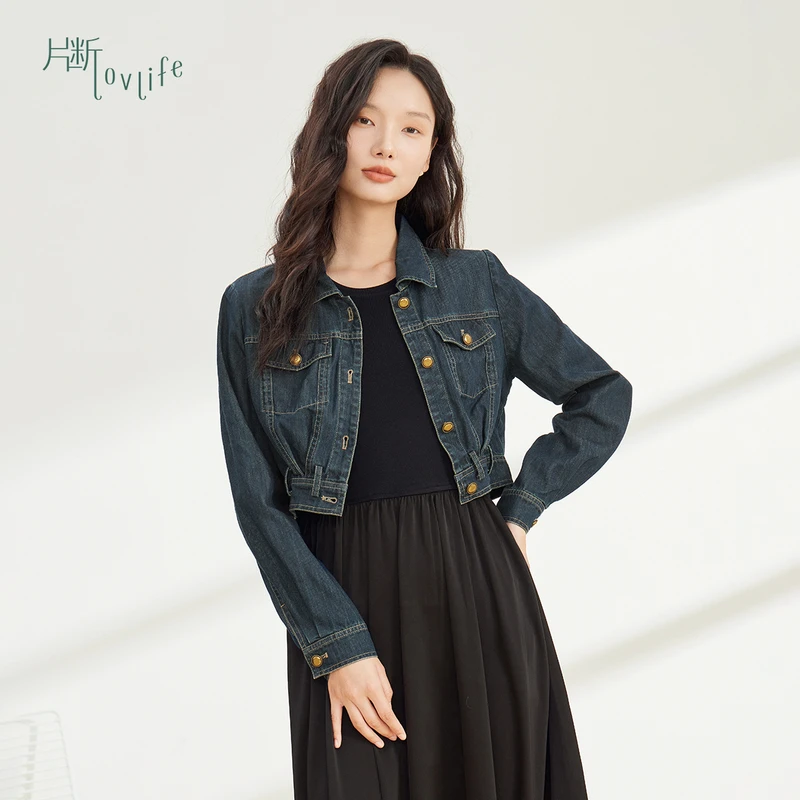 片断牛仔外套女2025秋季新款翻领复古通勤穿搭设计感小众短款上衣