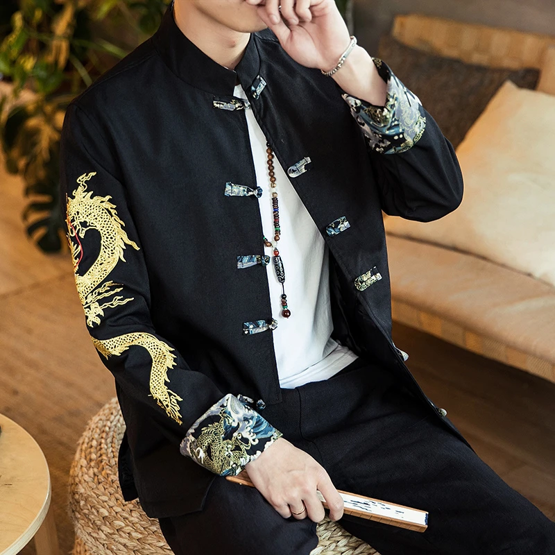 唐装汉服夹克男春秋季长袖外套复古青年立领盘扣中山装新中式国潮