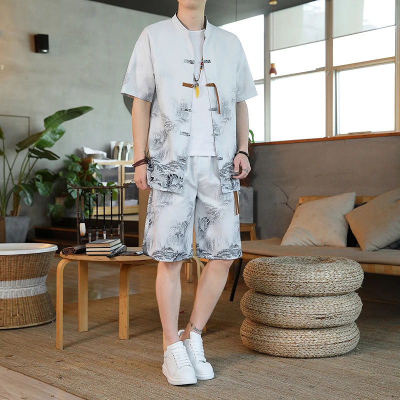 冰丝短袖衬衫男夏季薄款中国风男装休闲宽松大码新中式唐装套装潮