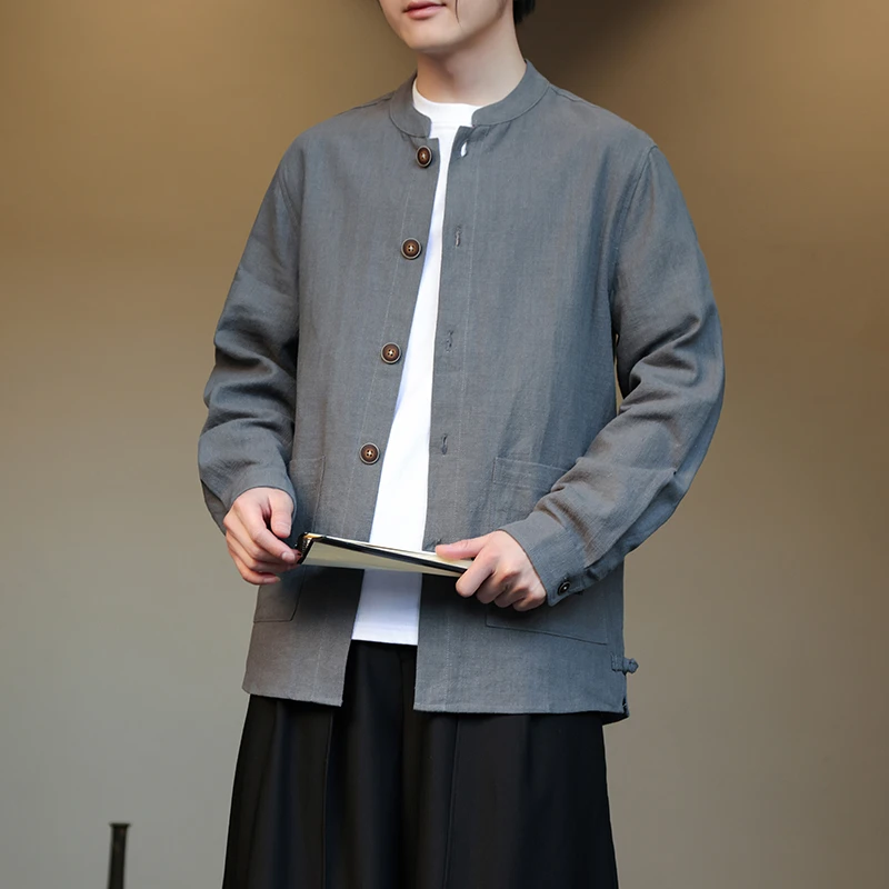 亚麻衬衫男士春秋季中国风男装复古风宽松大码新中式国潮长袖唐装
