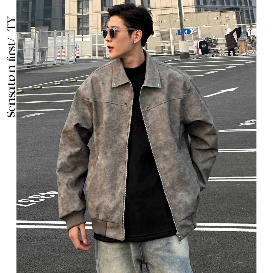 田野L  高质感美式街头复古休闲短款皮夹克