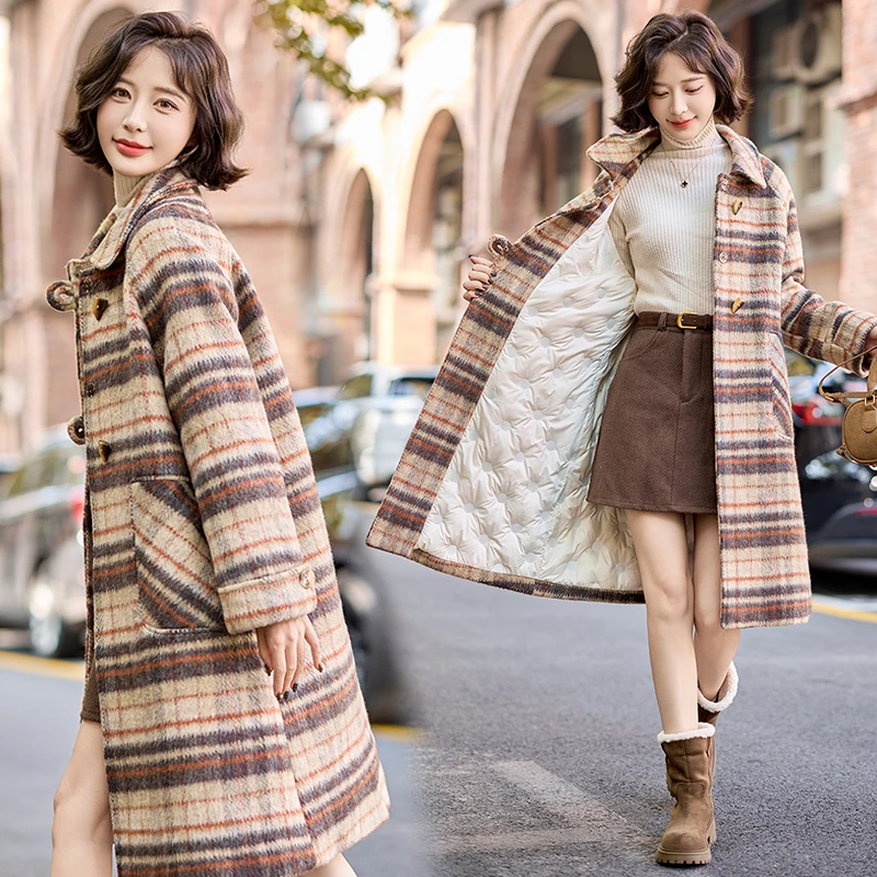 格子毛呢外套女中长款夹棉内胆大衣2024冬装复古牛角扣加厚外套