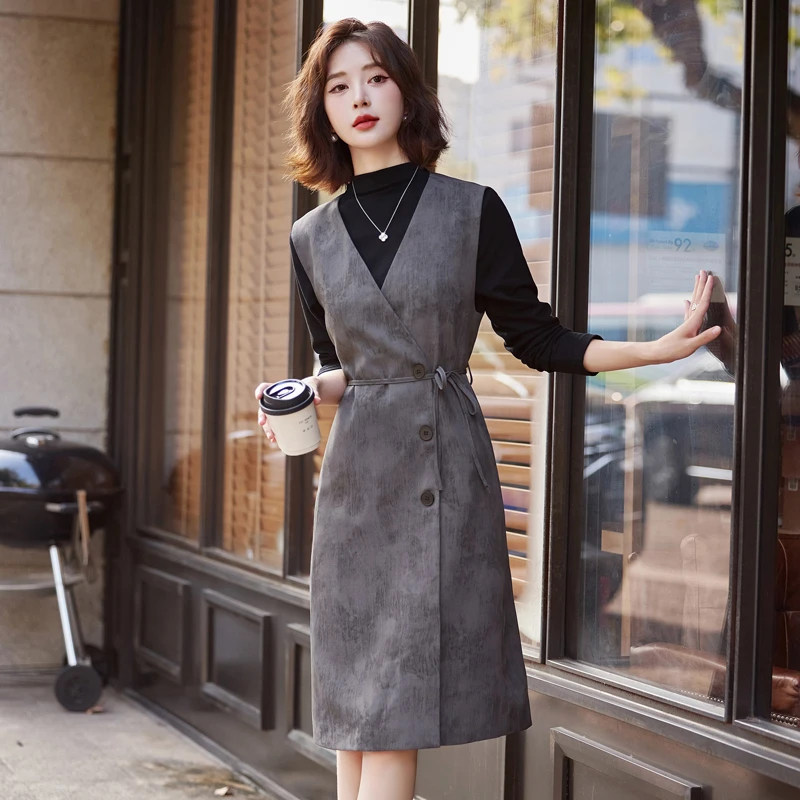 时尚套装裙两件套春秋装气质修身显瘦洋气复古中长款无袖背心裙子