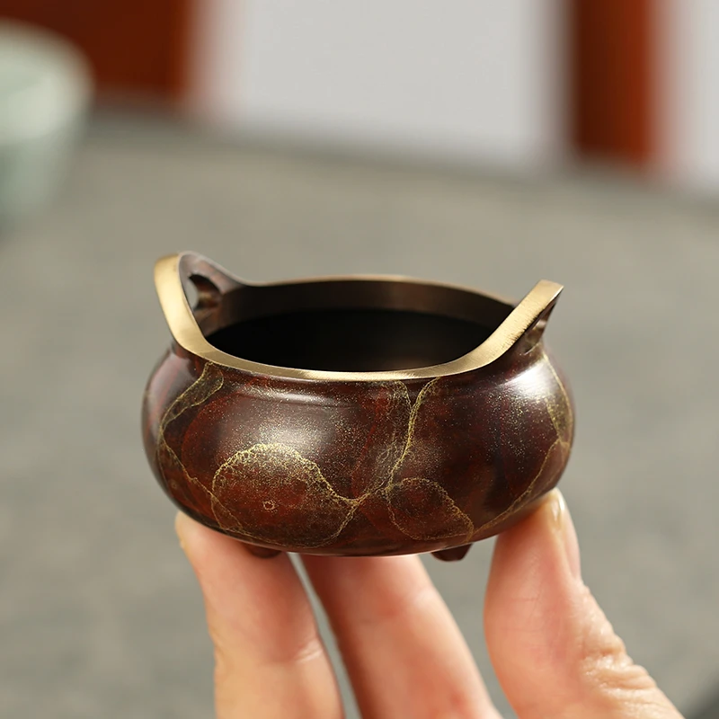 酒红色迷你线香炉铜香插香座檀香家用香薰炉茶道摆件小号沉香禅意