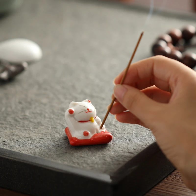创意招财猫香插香座檀香线香炉陶瓷中式茶道摆件小沉香家用香薰炉