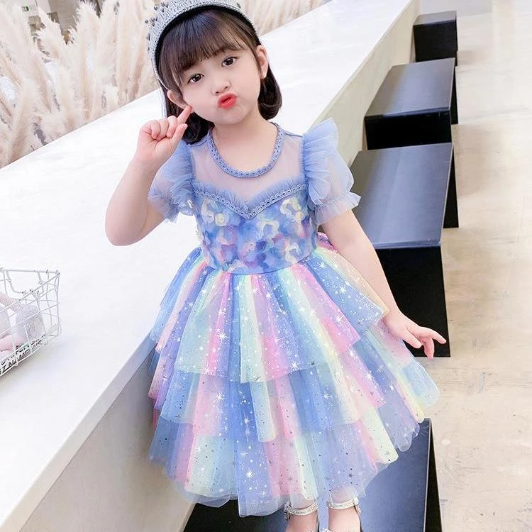 女童夏装洋气连衣裙新款彩虹爱莎公主裙宝宝蓬蓬生日礼服表演六一