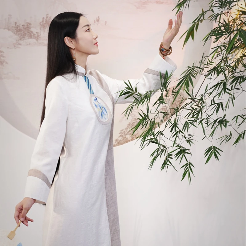 云谧【淇芮】新中式国风工笔手绘桂花拼接常服连衣裙
