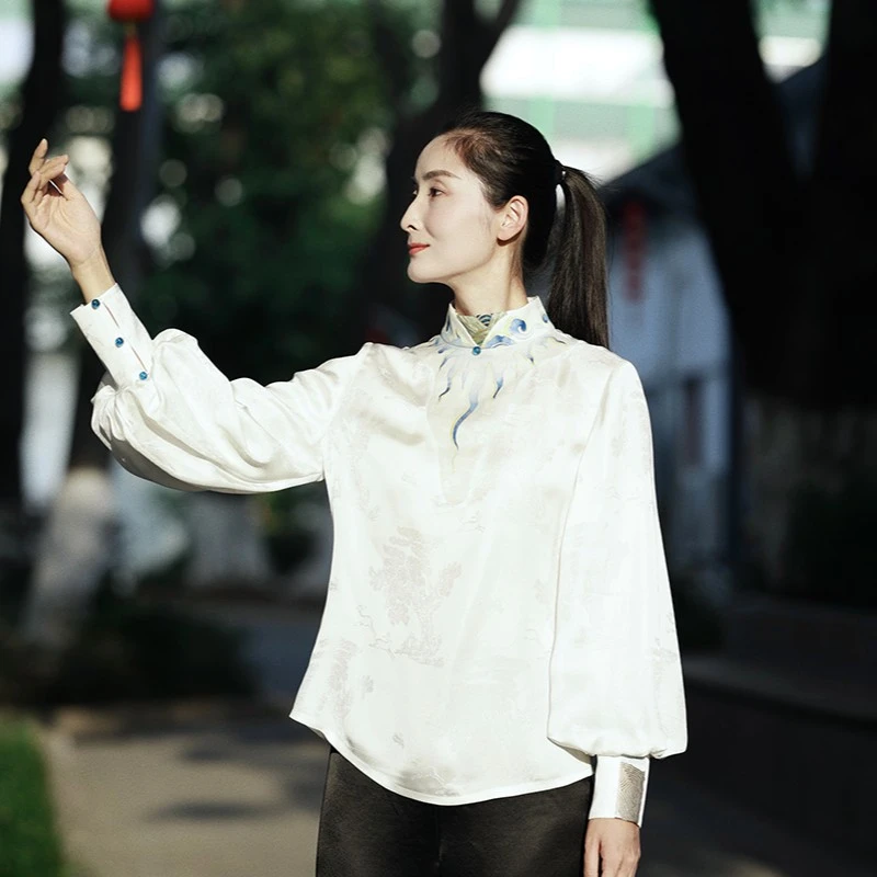 云谧【璐一】新中式国风手绘短款灯笼袖衬衫
