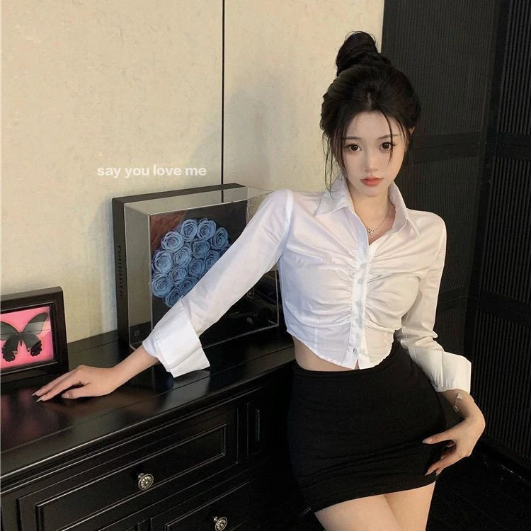 春季新款polo领长袖纯欲风衬衫褶皱修身短款露脐衬衣两件套辣妹