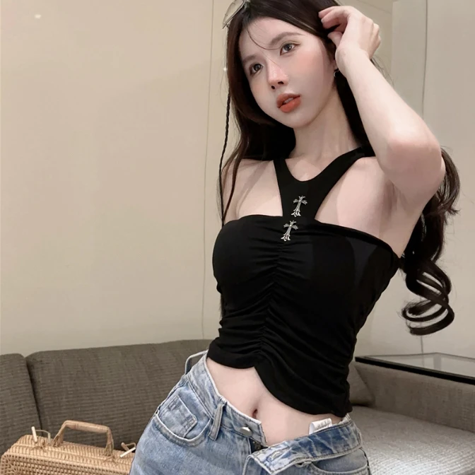 黑色挂脖小吊带背心女辣妹性感露背外穿无袖短款上衣潮