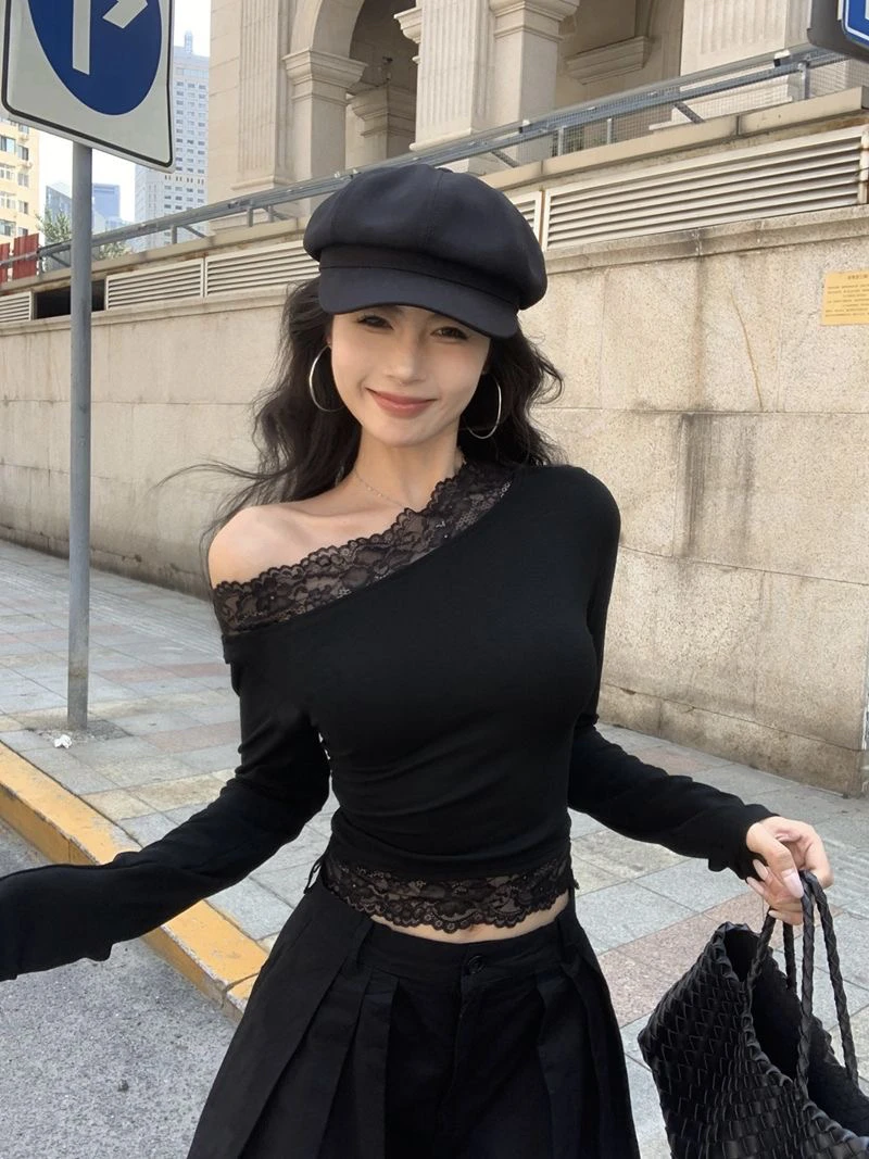 ins风辣妹蕾丝一字肩长袖T恤新款小众美式褶皱收腰短款上衣女