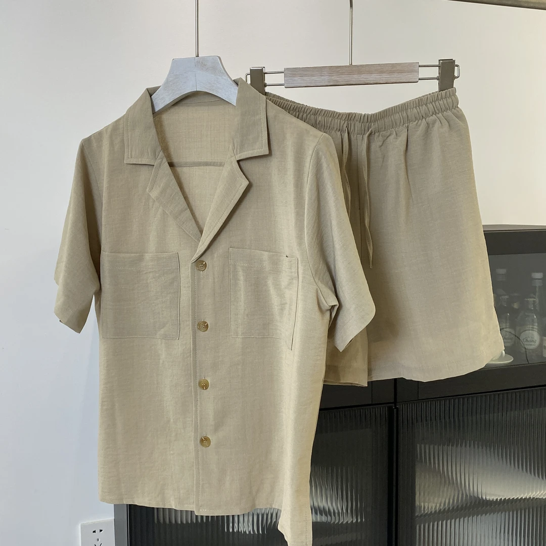 时尚韩系衬衫短裤气质休闲夏季简约纯色薄款上衣