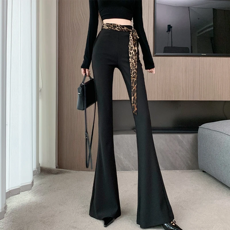 黑色微喇西装裤女秋冬薄款设计感豹纹系带高腰垂坠感拖地喇叭裤潮