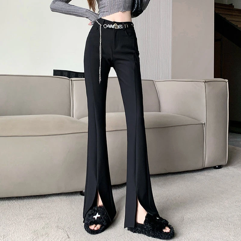 黑色喇叭裤女春夏新款时尚设计感字母链条显高显瘦微喇开叉拖地裤