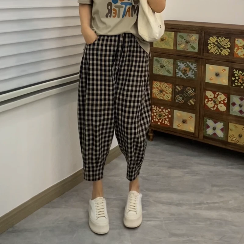 九分文艺复古经典格子休闲裤女夏宽松显瘦文艺裤子直筒格子裤时尚