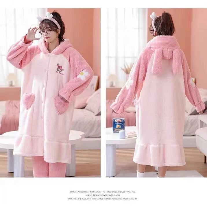 可爱美乐蒂睡衣女2023年新款秋冬季加绒加厚珊瑚绒睡袍甜美家居服