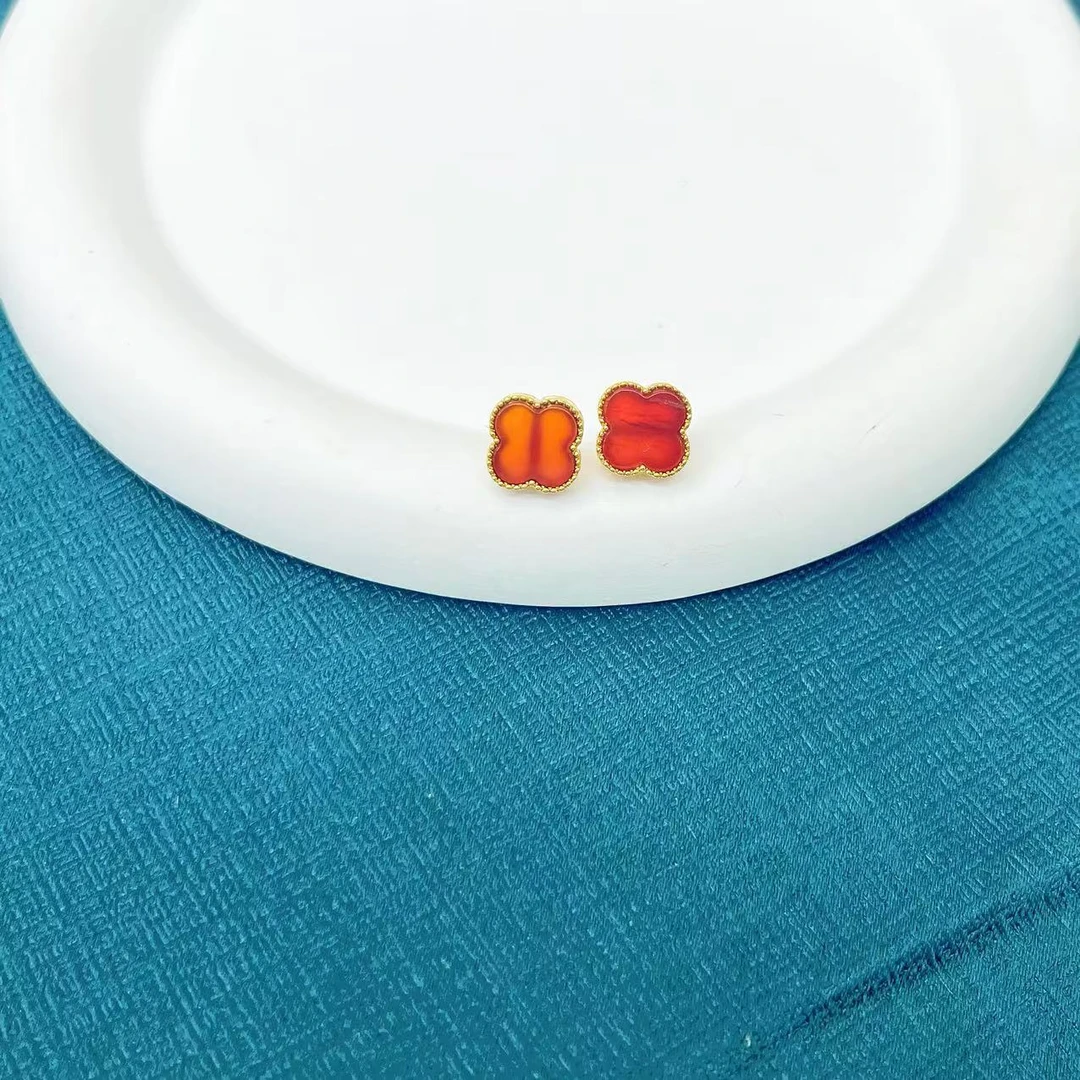【杰哥专属】天然珠宝柿子红玛瑙轻奢四叶草耳钉（标配证书）S234