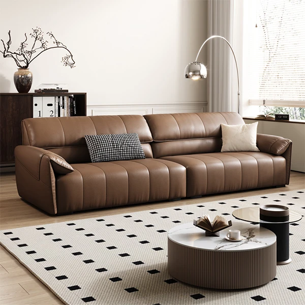 策一YX意式轻奢真皮沙发头层牛皮客厅极简直排多人位钢琴键沙发