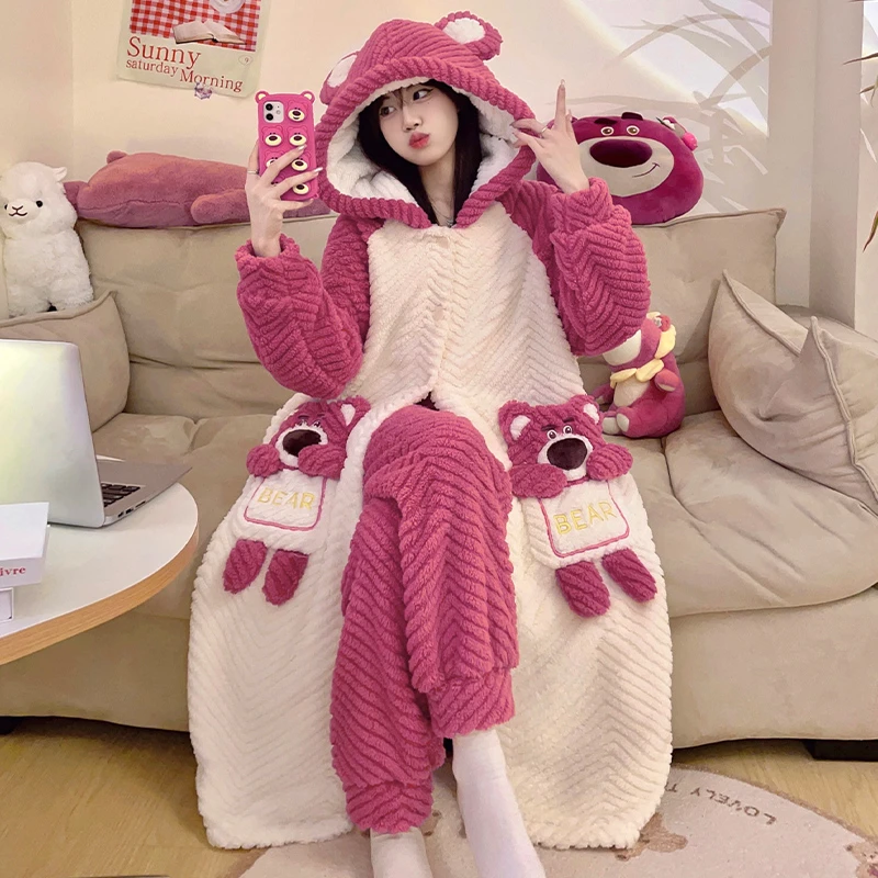 网红珊瑚绒睡衣女连帽卡通睡袍秋冬加厚保暖中长款家居服长裤套装