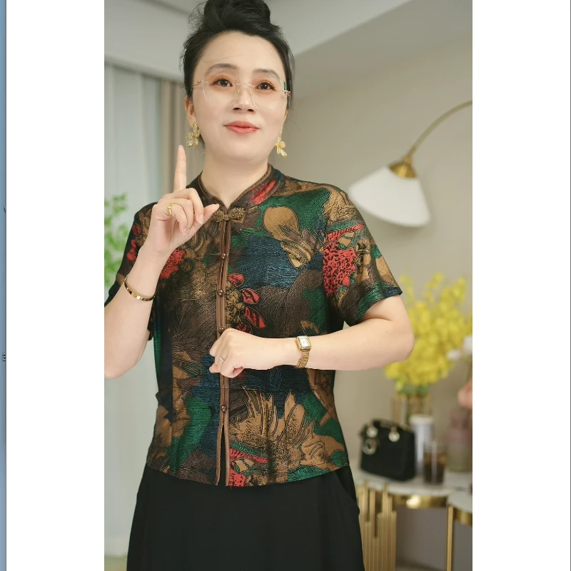 【晖哥工厂】洋气大码假两件弹力复古妈妈装连衣裙气质遮肉短袖-7