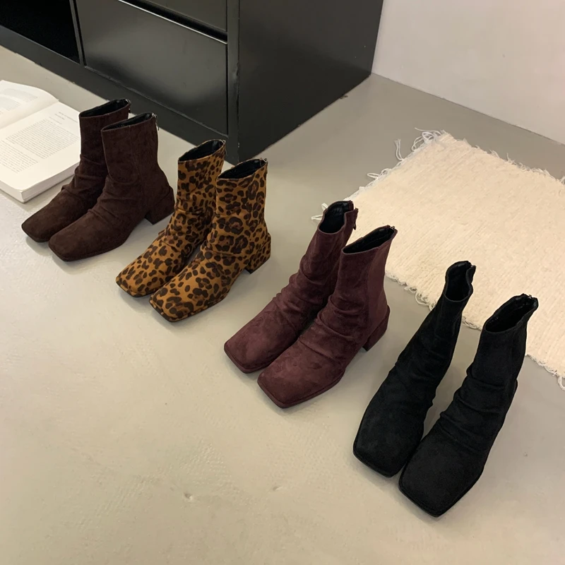 韩版豹纹绒面时尚短靴女2024秋季新款复古百搭粗跟方头弹力瘦瘦靴