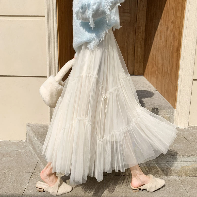 显瘦遮肚子半身裙A字韩版显瘦网纱a字仙女裙中长款半裙白色半身裙