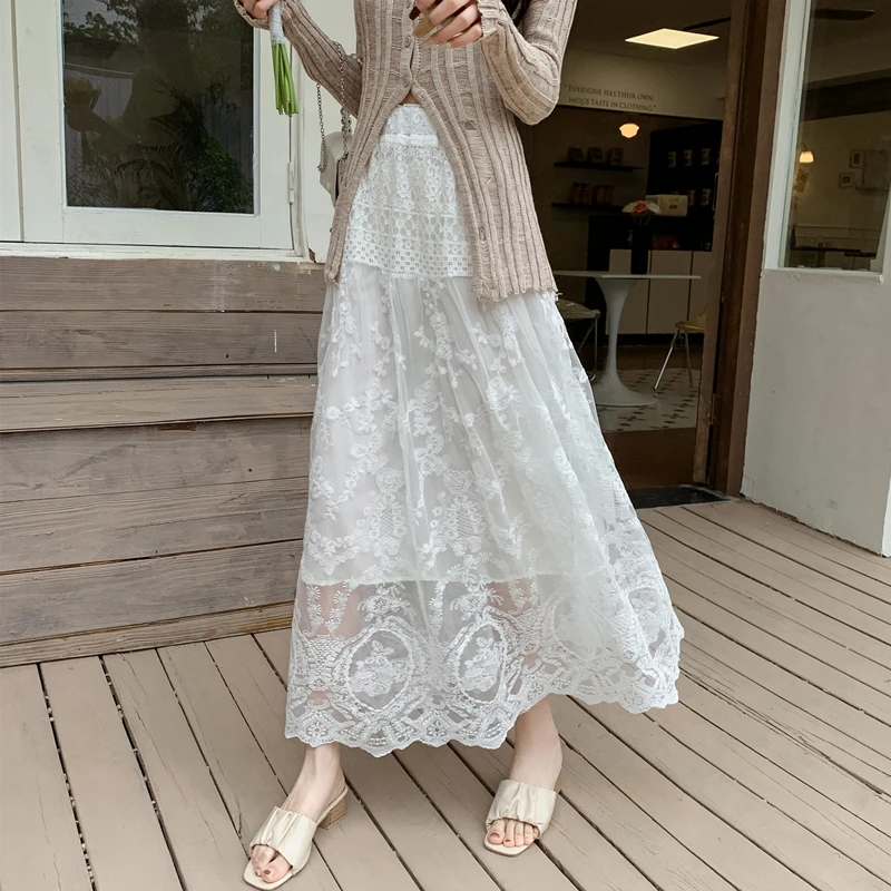 法式白色蕾丝高腰显瘦半身裙女春夏a字半裙伞裙中长款大摆气质裙