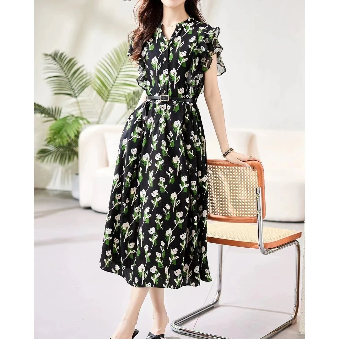 赫本风夏季高级感碎花显瘦收腰连衣裙荷叶边黑底绿花A180066