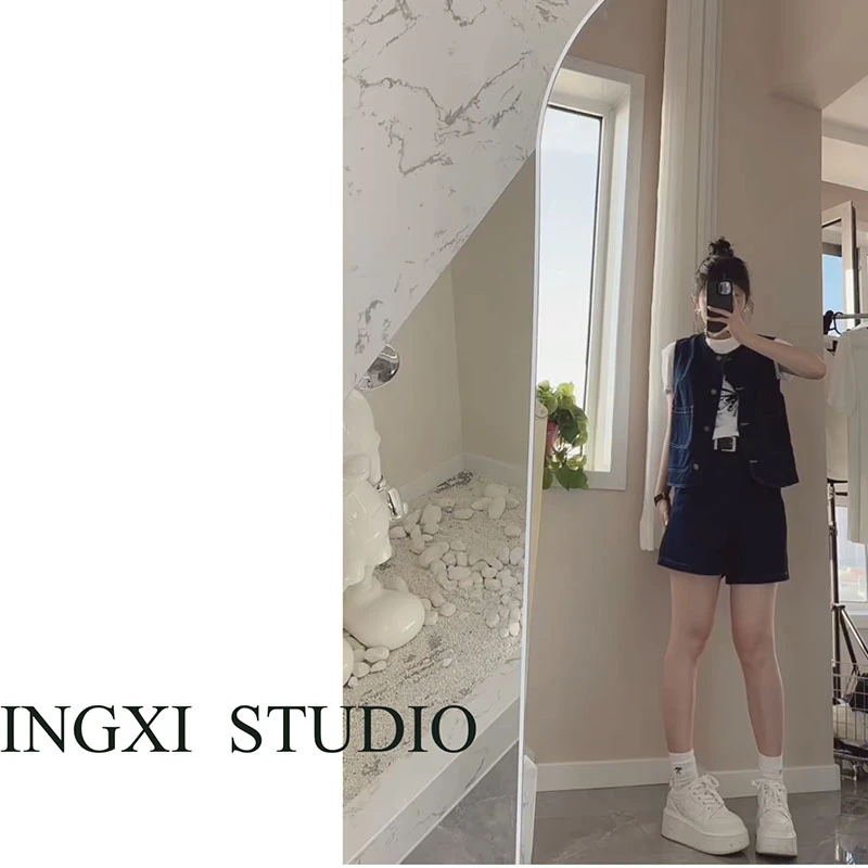 NINGXI-2024早秋新款时尚套装设计感垂感马甲阔腿短裤牛仔两件套