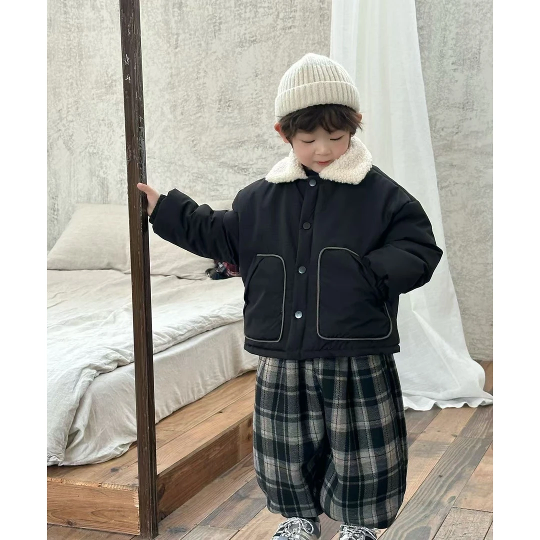 MJL 冬款韩版 加绒格子束脚裤 棉服儿童组合套装A921