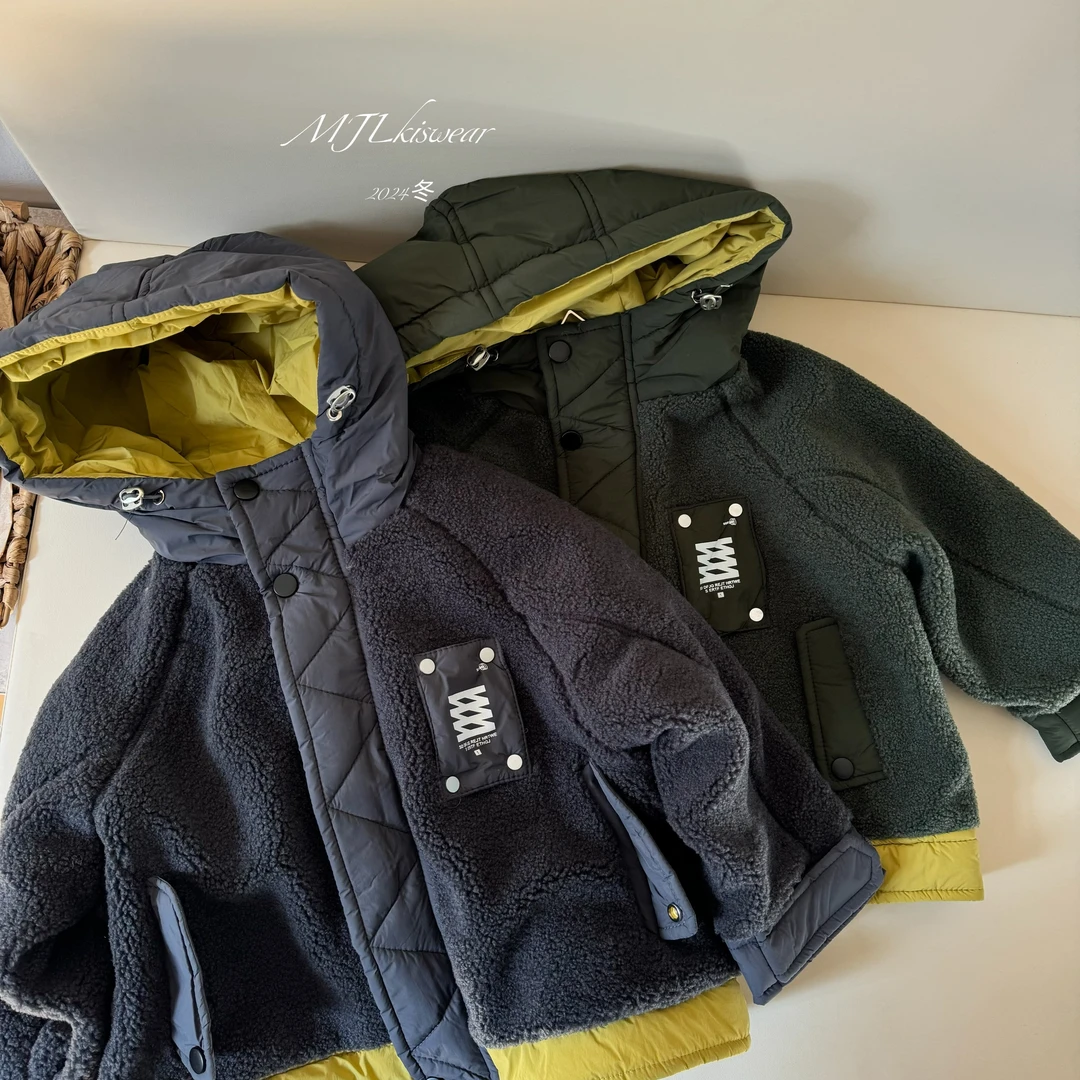 MJL 冬款韩版连帽拼接撞色夹棉 儿童外套A109