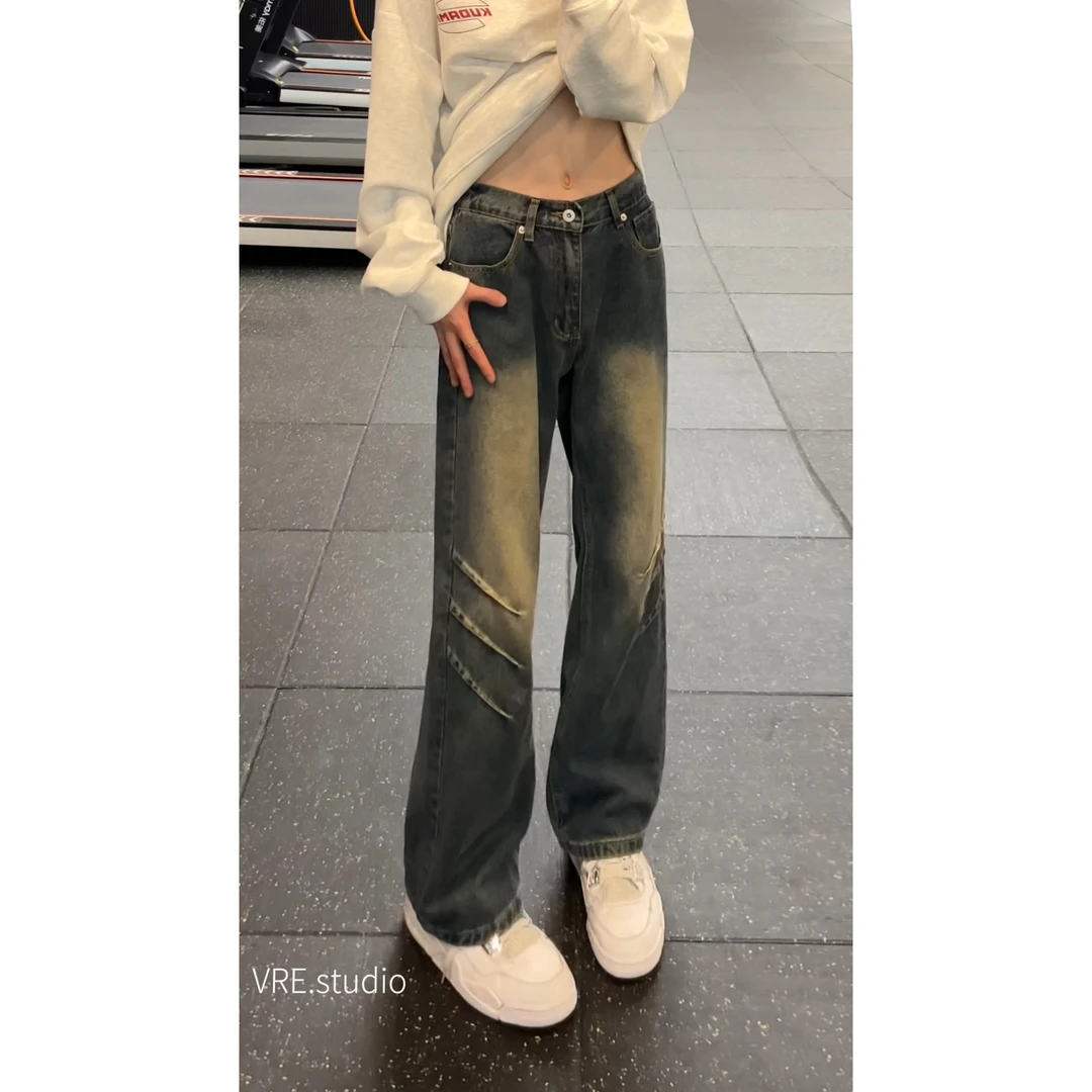 夏季宽松长裤阔腿褶皱微喇裤美式爆帅男神水洗潮流微喇牛仔裤男女