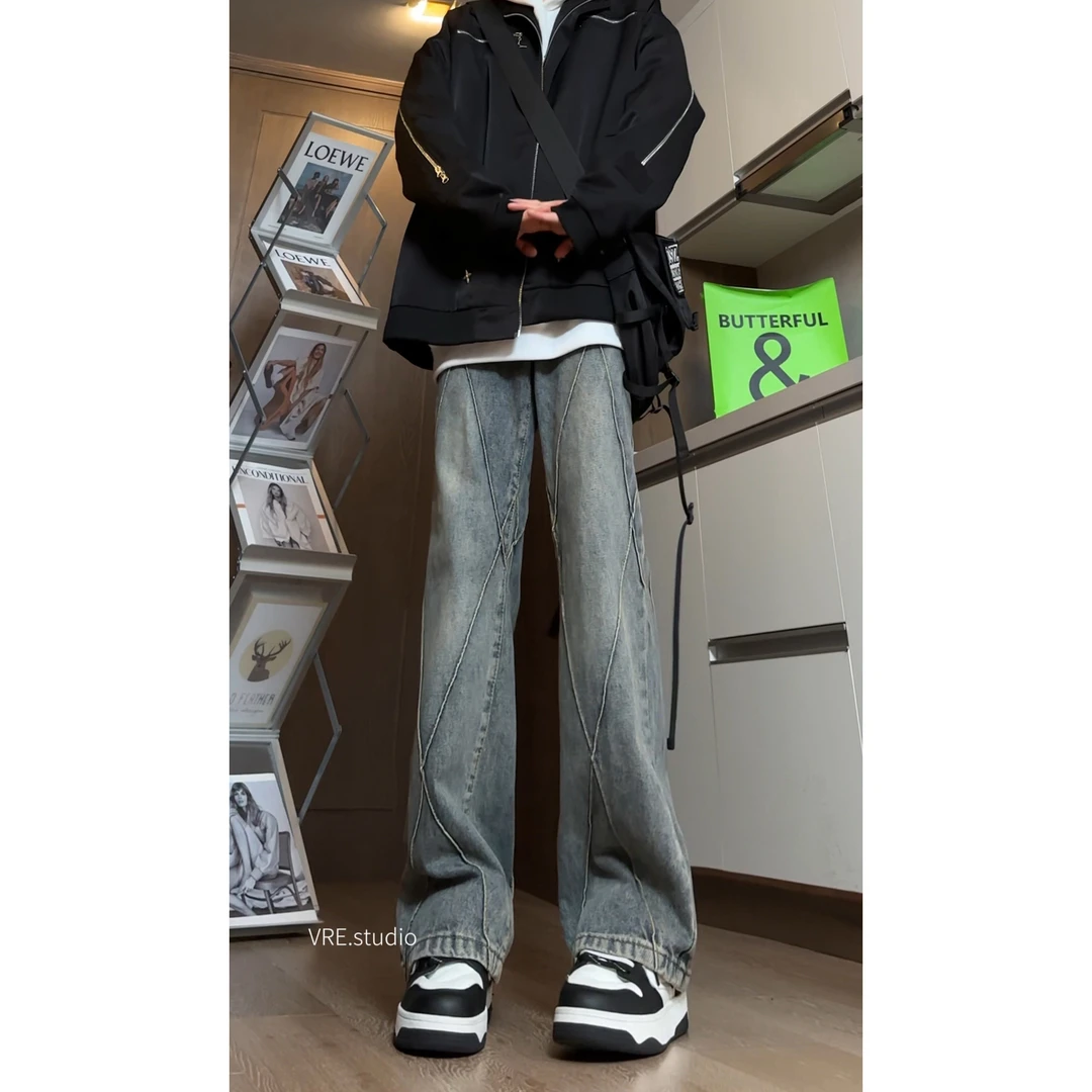 美式高街复古拼接分割微喇牛仔裤男宽松显瘦百搭休闲ins潮牌长裤