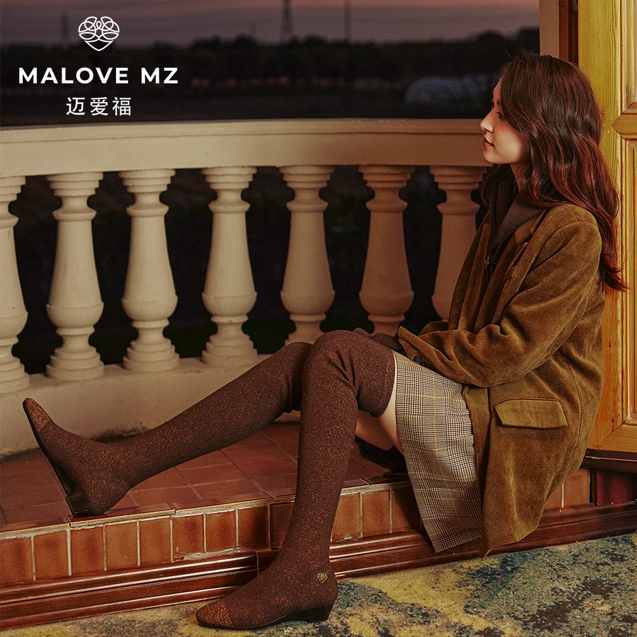 MALOVEMZ秋冬爱心圆头3.7公分坡跟24寸过膝高筒靴显瘦21A23H-3