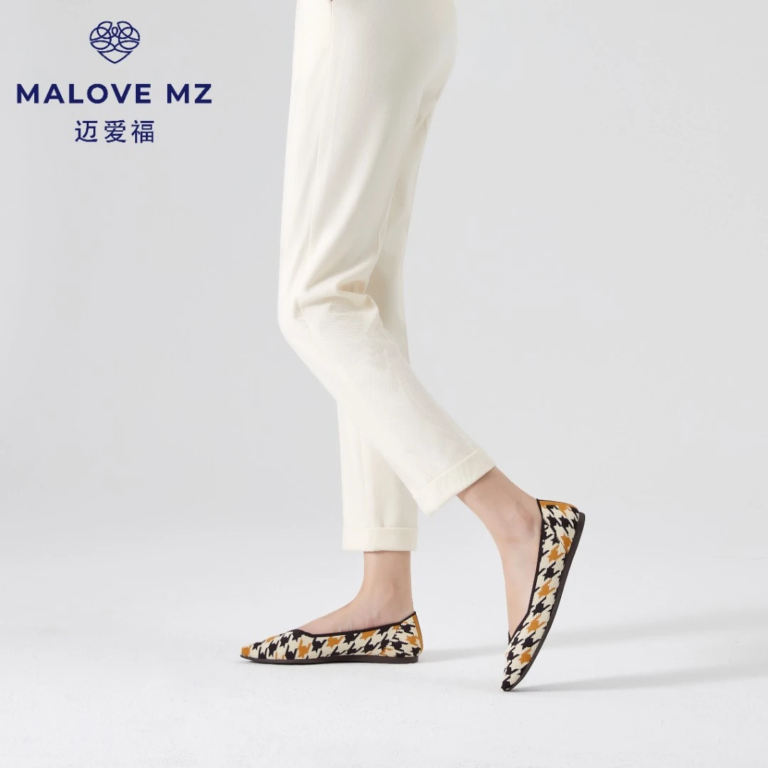 MALOVEMZ王妃鞋新款格纹千鸟格平底鞋尖头单鞋女8P80-69
