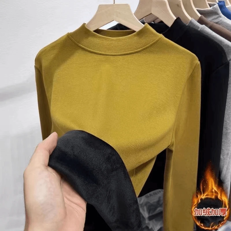 长袖网红洋气时尚百搭女士秋冬加绒加厚保暖打底衫女半高领内B331