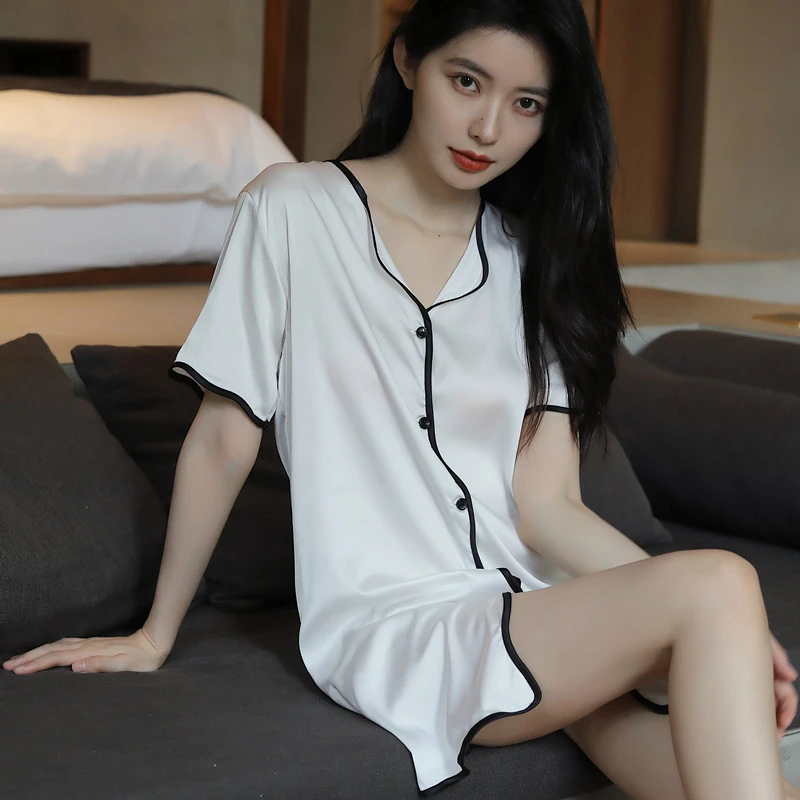夏季宽松薄款性感纯色短袖开衫睡裙女睡衣韩版大码居家休闲家居服