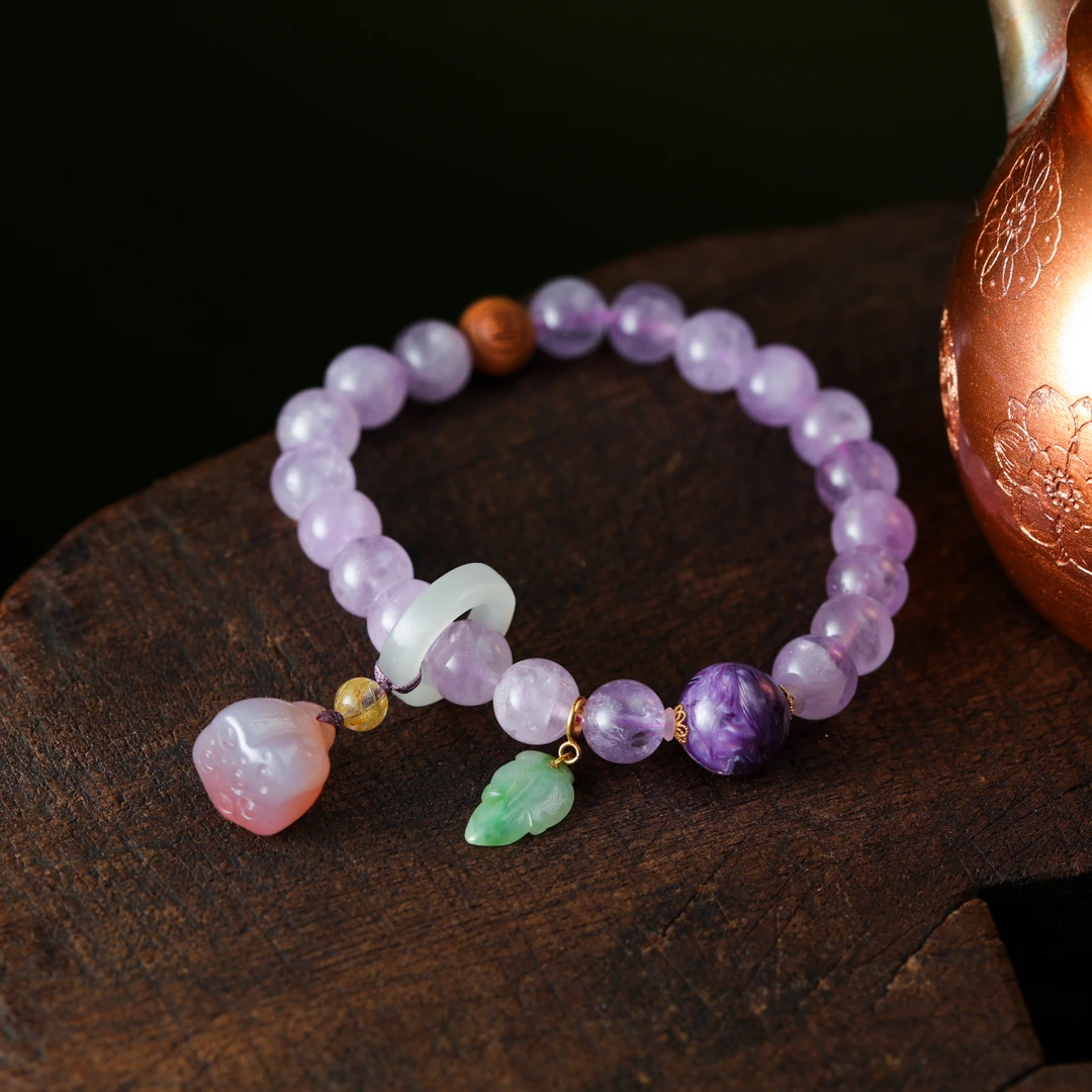 【意婵】精品薰衣草紫玉水晶单圈18k金盐源雕莲蓬翡翠和田玉-902307