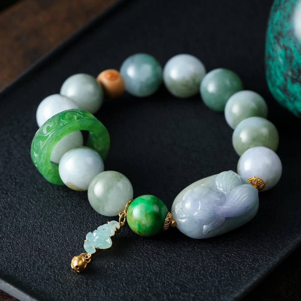 【意婵】天然高品翡翠单圈雕金鱼18k金和田玉配件-904209