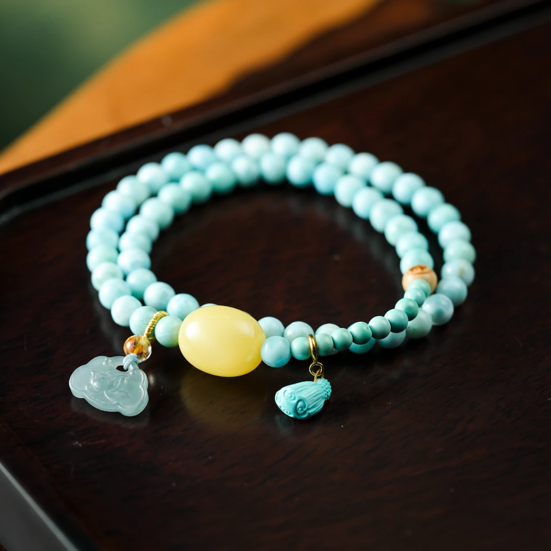 【意婵】精品天然海纹石双圈18k金翡翠雕平安锁水晶绿松琥珀-900875