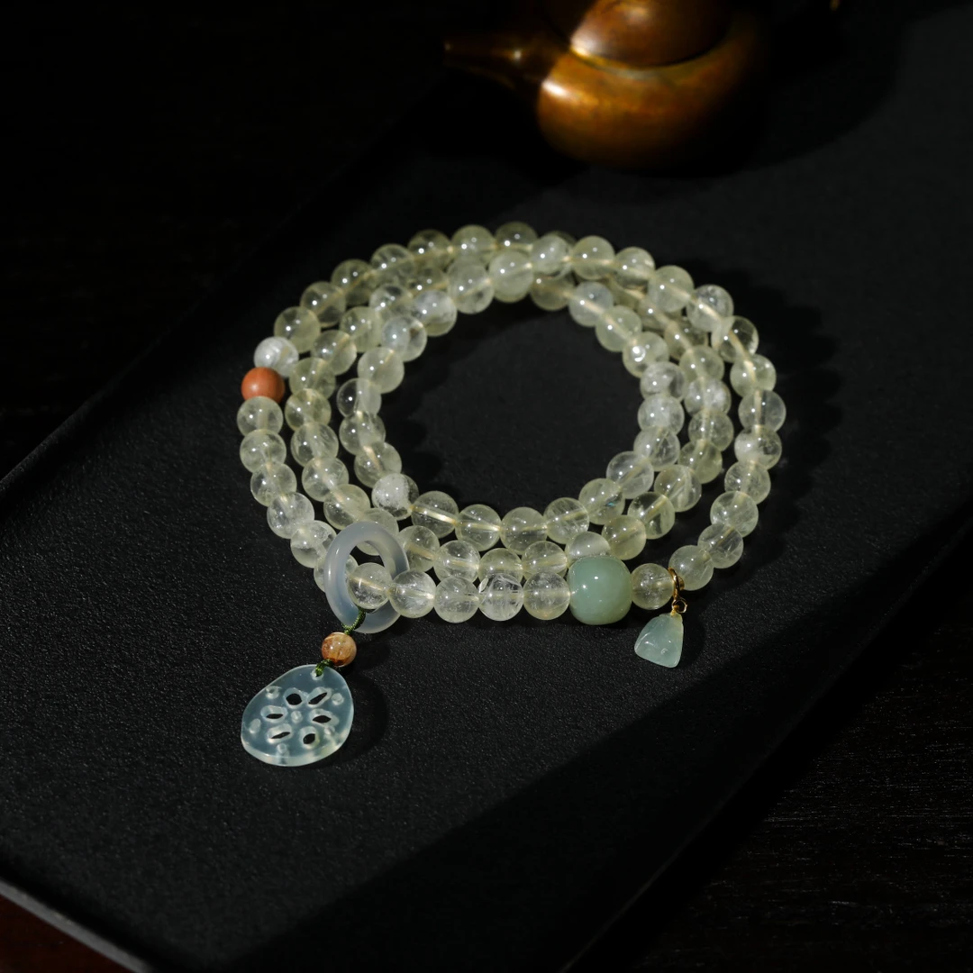 【意婵】细雨|精品天然阿赛斯特莱黄水晶多圈和田玉翡翠岫玉-906366