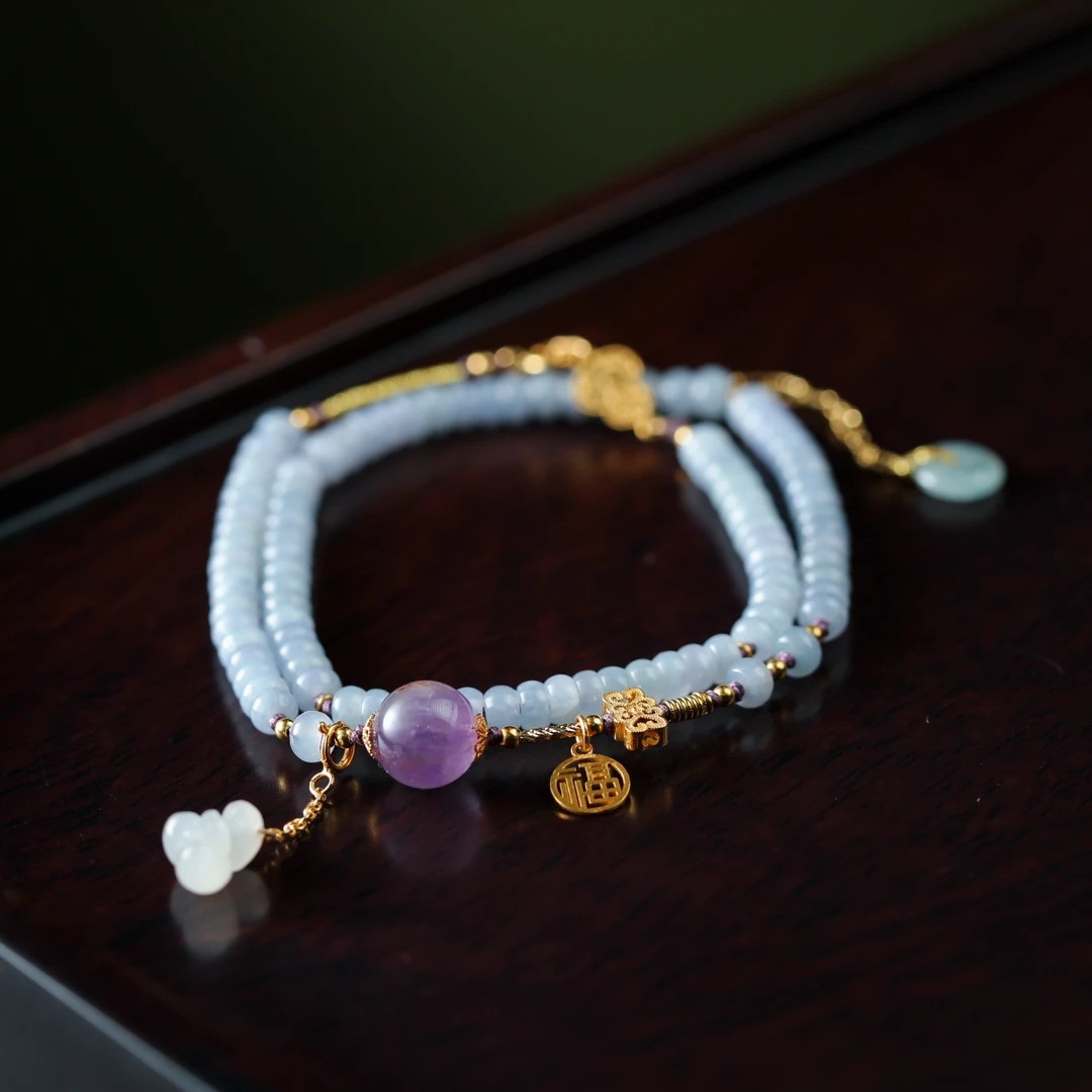 【意婵】精品天然紫翡翠双圈雕荷叶18k金和田玉 900436