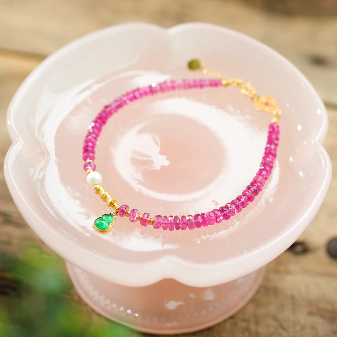 【意婵】精品天然卢比来碧玺单圈18K金翡翠雕葫芦配件-902638