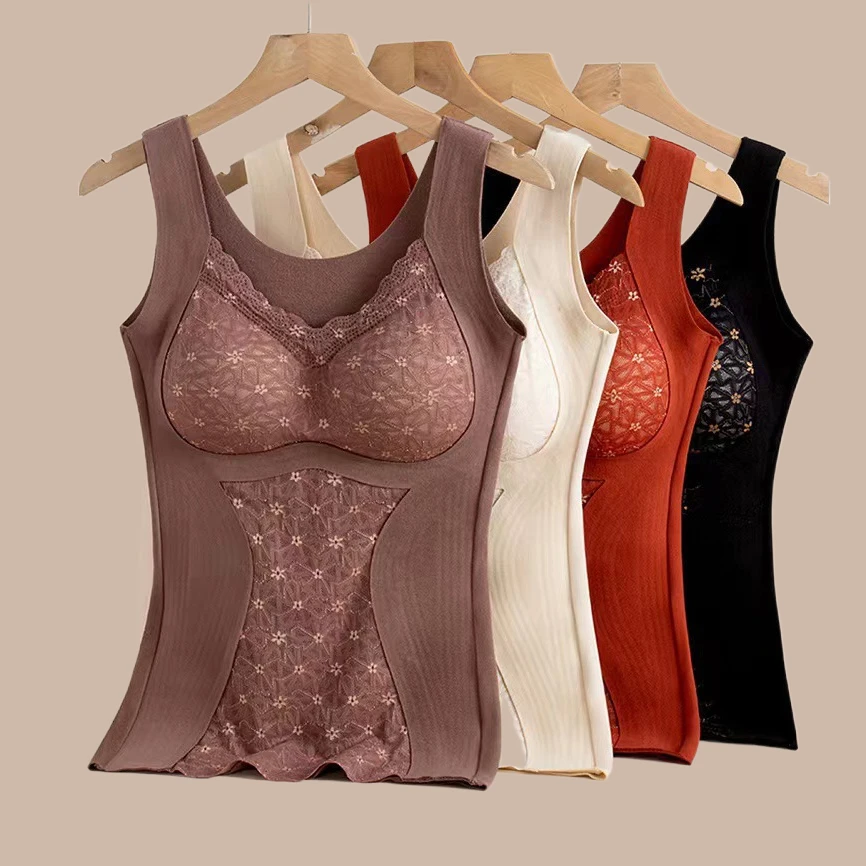 秋冬新款德绒发热保暖背心自带胸垫无痕舒适V领花边高弹女士工厂