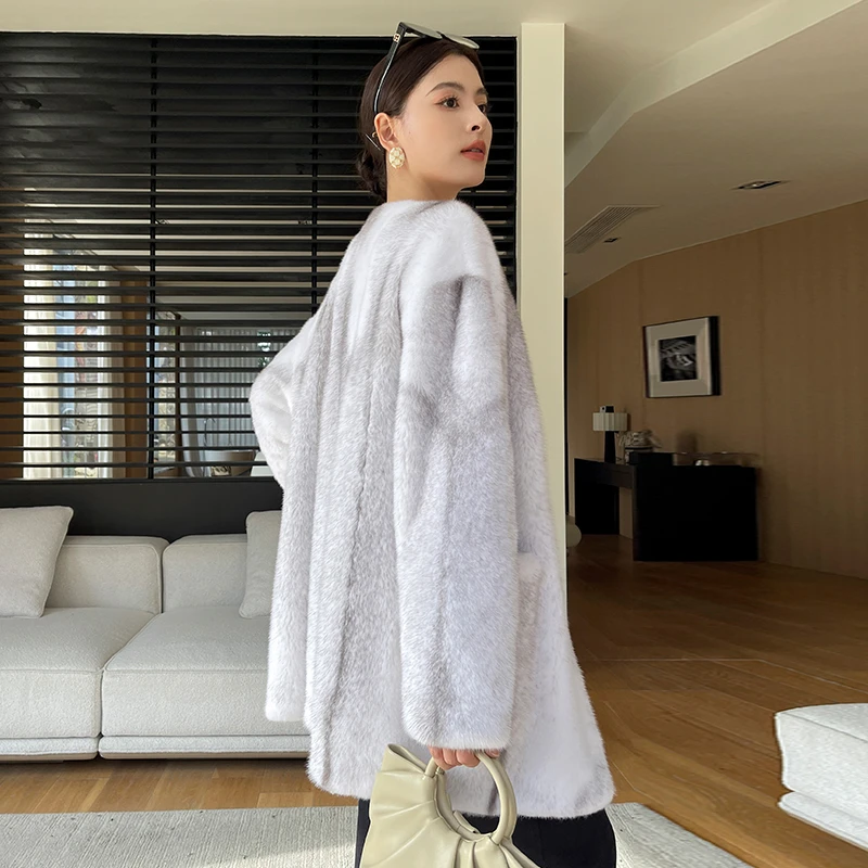 貂皮大衣女2024新款圆领整貂皮草时尚水貂外套女中长款