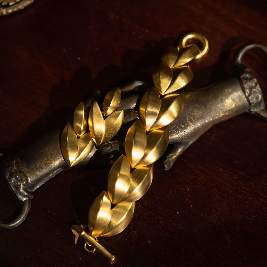 合金手链 vintage金色橄榄枝纹理拉丝套装（手链18cm，耳钉）