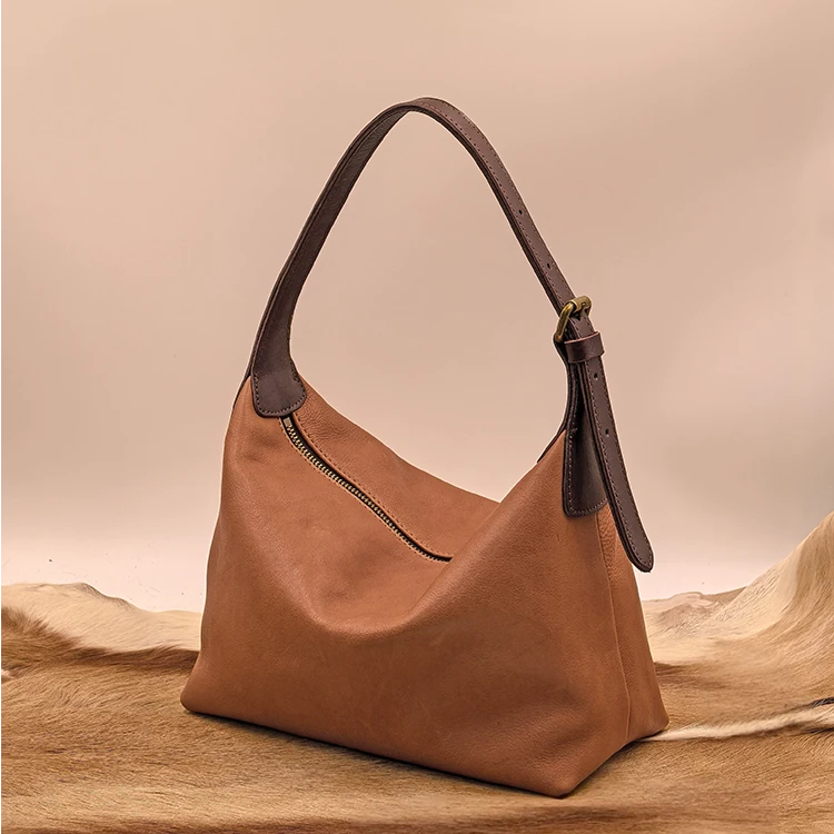 转山植鞣头层牛皮双耳hobo包休闲腋下包单肩斜挎包大容量通勤包