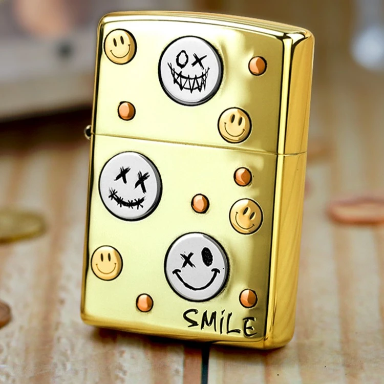 正版zippo防风煤油打火机Smile笑脸黄铜蚀刻创意贴章限量男士礼物